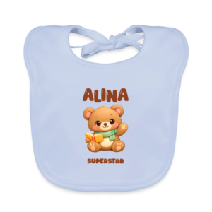 Personalized Organic Baby Bib (with Ties)| "Fairytale Reading Bear" - Azalia Kids<span> - </span>sky blue/dangaus žydra