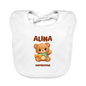 Personalized Organic Baby Bib (with Ties)| "Fairytale Reading Bear" - Azalia Kids<span> - </span>white/balta