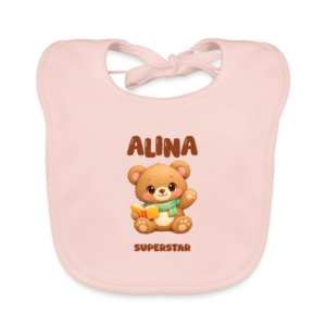 Personalized Organic Baby Bib (with Ties)| "Fairytale Reading Bear" - Azalia Kids<span> - </span>rose/rožė